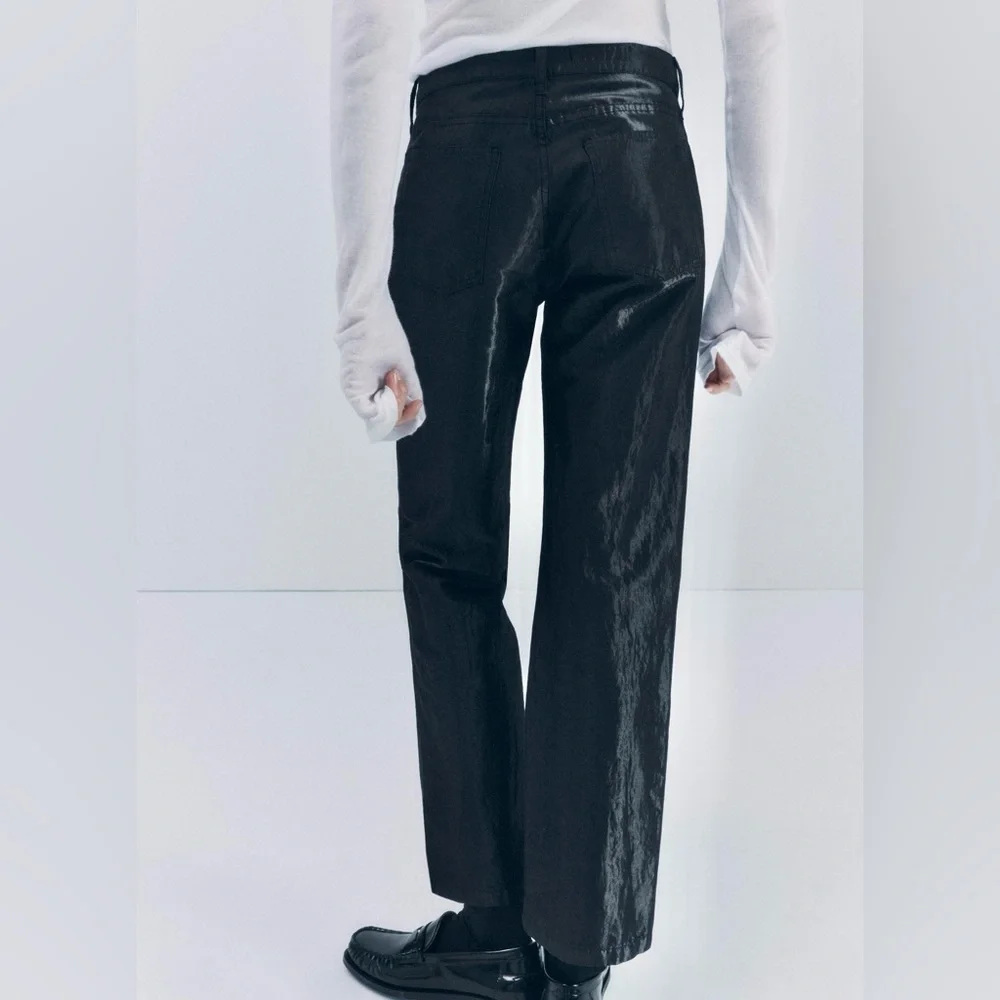 Zara NWT satin effect shiny black mid waist straight leg pants